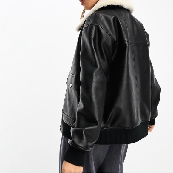 Abercrombie & Fitch Black Vegan Leather Bomber Jacket with Cream Collar - Picture 3 of 4